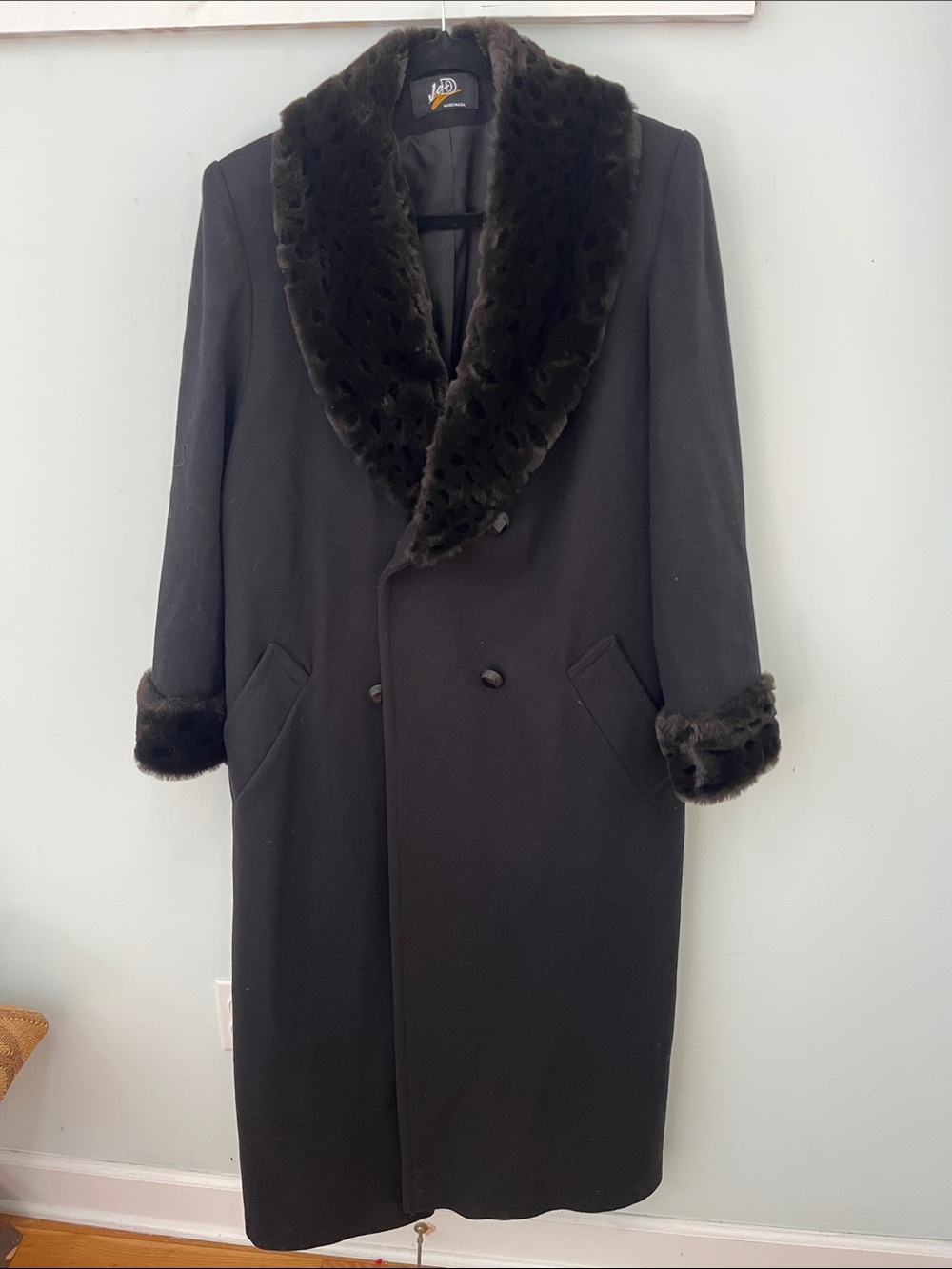 Vintage J+D Black Double-Breasted Wool Coat with Faux Fur Trim